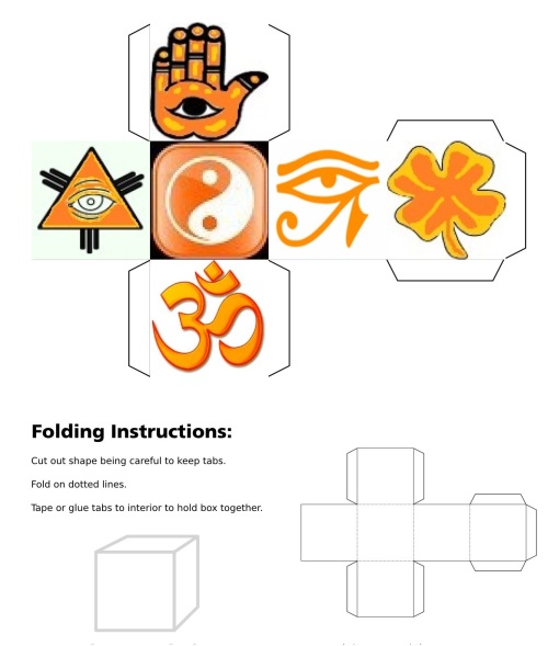 Cube, 3D Cube, Orange Eye of Horus, Orange Maneki Neko, Orange Om, Orange Ying Yang, Orange Hand Fatima, Orange Eye of Providence, Orange Four Leaf Clover