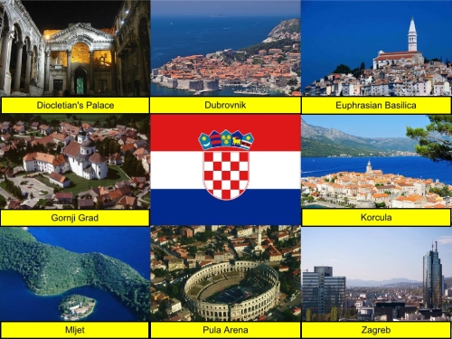 collage, Croatia Collage, Croatian Flag, Diocletian's Palace, Dubrovnik, Euphrasian Basilica, Gornji Grad, Korcula, Mljet, Pula Arena, Zagreb