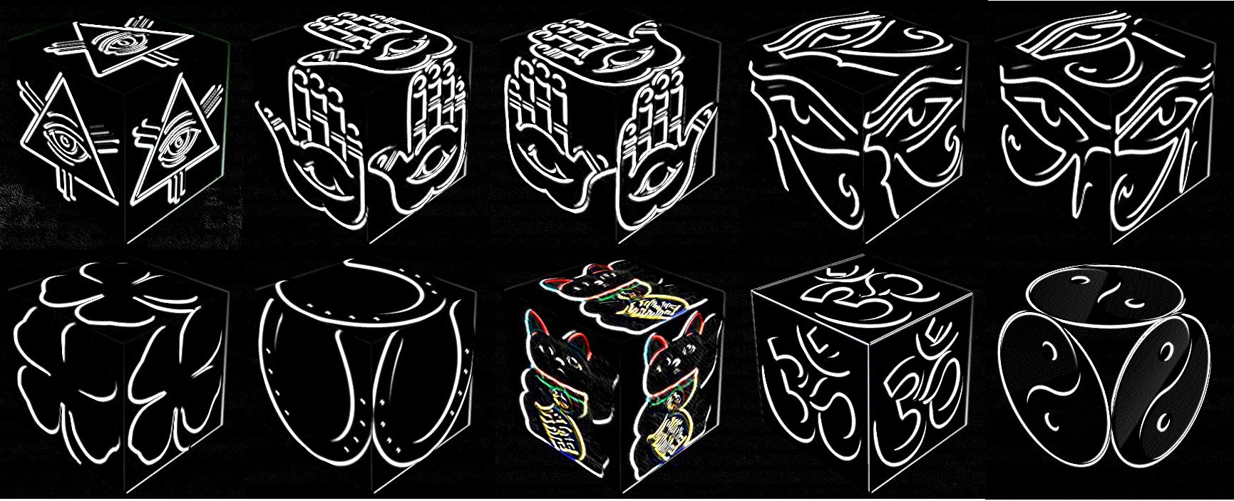 cube, 3d cube, lucky dice, luck symbols, Neon Eye of Fatima, Neon Eye of Providence, Neon Four Leaf Clover, Neon Horseshoe, Neon Maneki Neko